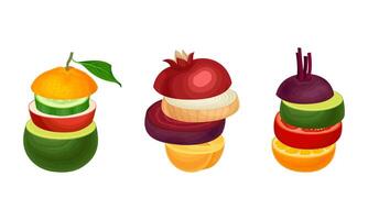 Set of sliced fruit and vegetables. Cucumber, apple, tomato, onion, pomegranate, apricot, beetroot round slices in stack illustration vector