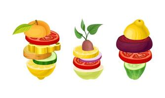Set of sliced fruit and vegetables. Cucumber, tomato, pepper, lemon, apricot round slices in stack illustration vector