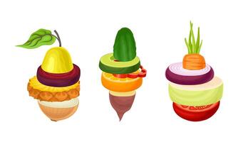 Set of sliced fruit and vegetables. Cucumber, pineapple, tomato, pepper, pear, beetroot, carrot round slices in stack illustration vector