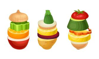 Set of sliced fruit and vegetables. Cucumber, pineapple, tomato, pepper, lemon, beetroot, carrot round slices in stack illustration vector