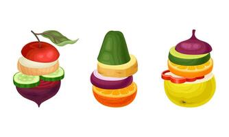 Set of sliced fruit and vegetables. Cucumber, apple, onion, orange, beetroot, paper round slices in stack illustration vector