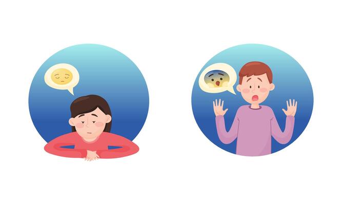 Young Man and Woman Shouting with Fear and Sad Depicting Emoticon in Blue Circle Set