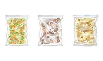 Frozen Mushrooms and Sliced Potato Prepackaged and Ready to Culinary Use Set vector
