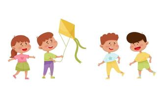 Friendly Little Kids Flying Kite and Running Set vector