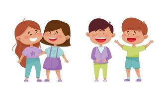 Friendly Little Kids Embracing and Laughing Out Loud Set vector