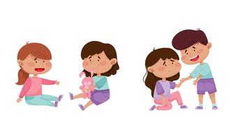 Friendly Little Kids Supporting and Sharing Toy Hare with Agemate Set vector