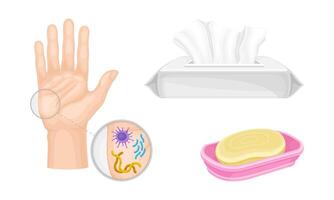 Bacteria and Microbes Examining on Hand and Soap with Wet Wipes Set vector