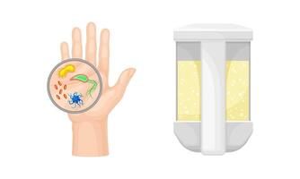 Bacteria and Microbes Examining Under Magnifying Glass on Hand and Soap Dispenser Set vector