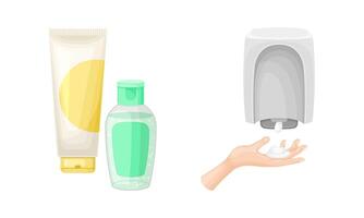 Hand Washing and Cleansing Using Soap Dispenser and Sanitizer in Bottle Set vector