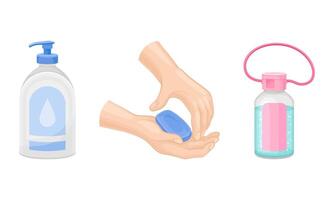 personal higiene y mano limpieza con jabón y desinfectante en dispensador botella conjunto vector