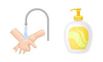 personal higiene y mano limpieza con grifo agua y jabón en dispensador botella conjunto vector