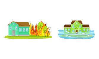 Natural Cataclysms with Flood and Wildfire Set vector