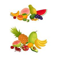 Pile of Bright and Juicy Tropical Fruit with Pineapple and Banana Set vector