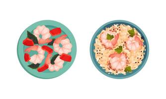 Boiled Shrimp and Rice with Prawn as Seafood Dish Above View Set vector