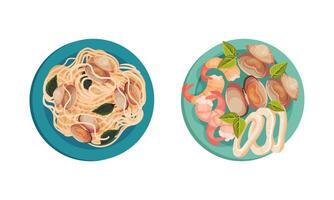 Noodles with Mussels and Shrimp with Squid as Seafood Dish Above View Set vector