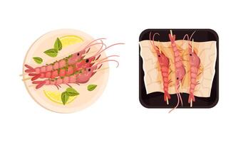 Fried Shrimp or Prawn on Skewers as Seafood Dish Above View Set vector