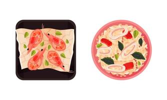 Boiled Shrimp and Rice with Squid as Seafood Dish Above View Set vector