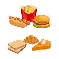 Fast Food with French Fries and Hot Dog and Pastry Item with Bread Slice and Pie Set vector