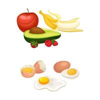 Sweet Fruit with Apple and Avocado and Egg in Shell and Boiled Egg Set vector
