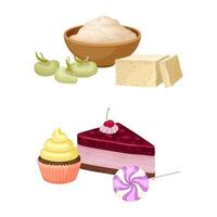 Soy Bean with Tofu Cheese and Confectionery with Cake and Candy Set vector