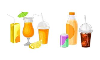 Fresh Orange Juice in Glass with Straw and Sparkling Water with Soda Can Set vector