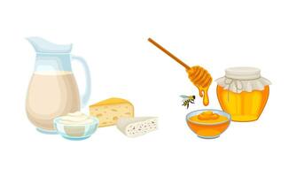 Dairy Foodstuff with Milk and Cheese and Honey in Bowl with Dipper Set vector