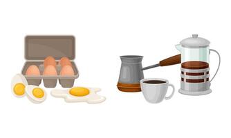 Eggs in Shell and Boiled with Brewed Coffee Drink in French Press and Jezve Set vector
