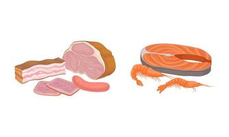Meat Slab and Seafood with Salmon Fish Steak and Shrimp Set vector