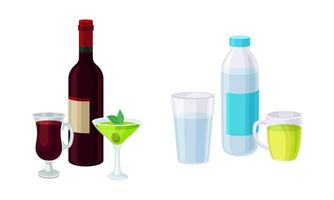 Alcohol with Red Wine Bottle and Still Water as Drink and Beverage Set vector