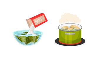Greenery Water Steeping with Soda and Boiling Potato in Pot on Stove as Vegetable Cooking Process Set vector