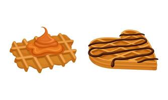 Waffle with Surface Impression Topped with Caramel and Chocolate Set vector
