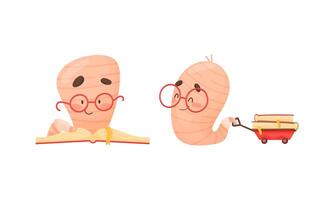Cute Book Worm Character in Glasses Pulling Trolley with Book Stack Set vector