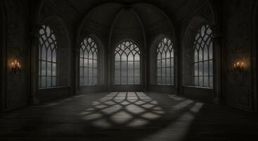 Chapel interior. Mysterious Gothic room bathed in dramatic light and shadow, suited for suspense trailers, dark-themed presentations, or haunted location mockups. photo