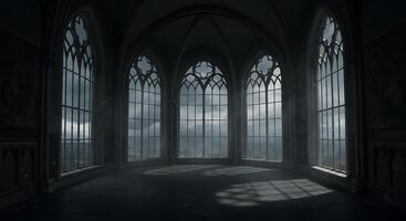 Chapel interior. Dark Gothic-style interior with towering windows and intricate medieval architecture, perfect for fantasy book covers, movie posters, or atmospheric backdrops. photo