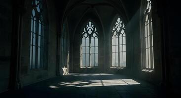 Chapel interior. Empty Gothic hall with deep shadows and stunning architecture, perfect for supernatural narratives, ghost story covers, or gothic history visuals. photo