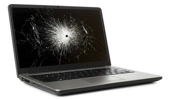 broken laptop screen, perfect for repair service websites, technology failure themes, or customer support visuals. photo