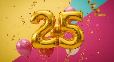 25th Birthday, Elegant gold number balloons in a colorful party setting, suitable for invitations, digital party templates, and birthday content on social platforms. photo