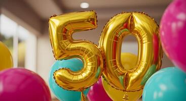 Vibrant party scene with gold balloons in number shapes and confetti, perfect for content creators designing celebration and milestone-themed graphics. photo