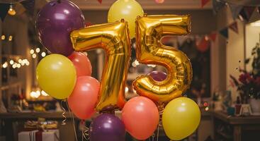 75th Birthday, Elegant gold number balloons in a colorful party setting, suitable for invitations, digital party templates, and birthday content on social platforms. photo