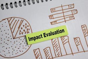 Concept of Impact evaluation and charts write on sticky notes isolated on Wooden Table. photo