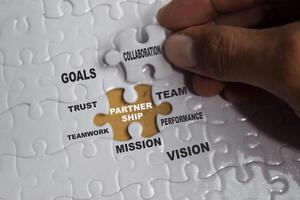 Hand holding piece of jigsaw puzzle with word Partnership with keywords. Business and finance concept photo
