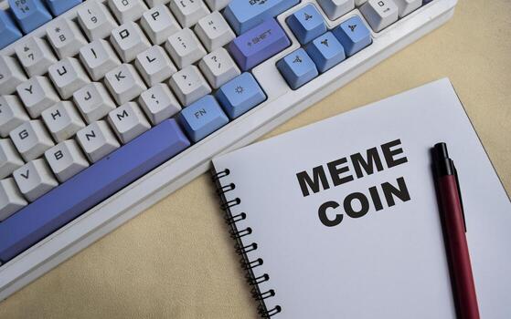 Concept of Meme coin write on book isolated on Wooden Table. photo