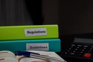 folders with the label Regulations and Guidelines. Business management concept photo