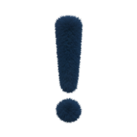 A fluffy exclamation point in navy blue color isolated against a plain colored simple backdrop scene on transparent background png
