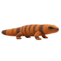 Orange lizard with brown stripes standing on a plain surface looking to the right side view shot on transparent background png