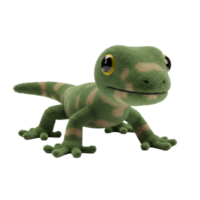 A plush green gecko with beige stripes is standing against a plain solid color surface area view on transparent background png