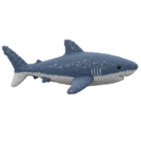 A plush toy of a shark with a blue and white color scheme isolated on a uniform color space on transparent background png