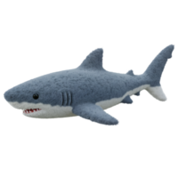 A plush toy of a shark with visible teeth and fins against a plain solid color surrounding it on transparent background png