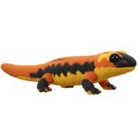 A fire salamander plush toy with orange and yellow body on a plain studio setting view isolated on transparent background png