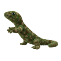 A stuffed gecko with a spotted pattern standing on its hind legs looking to the left side view isolated on transparent background png